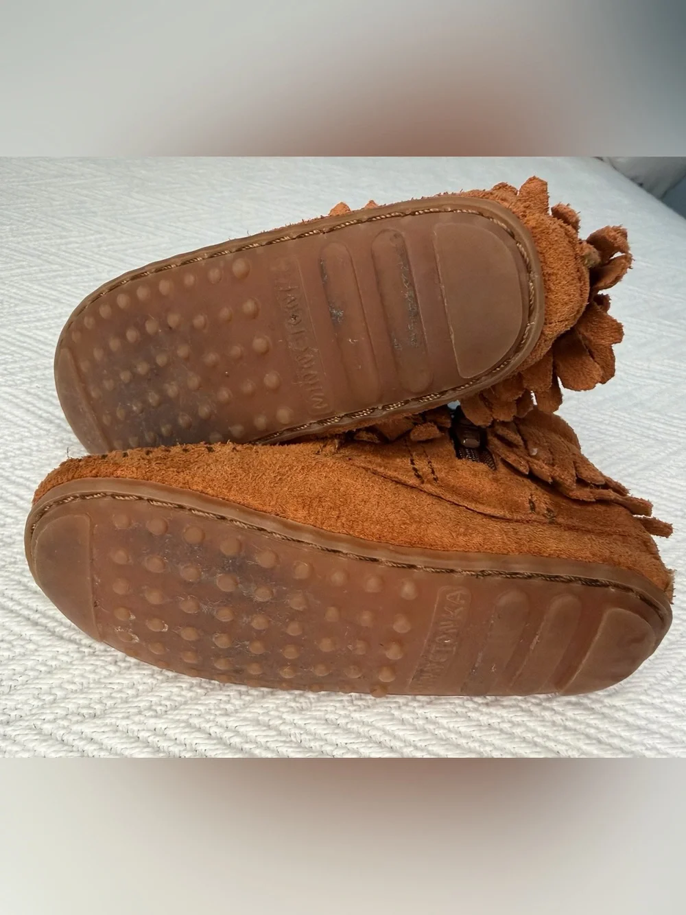 Minnetonka Leather 1292 Brown Double Fringe Bootie Moccasin Size 5 kids Side Zip